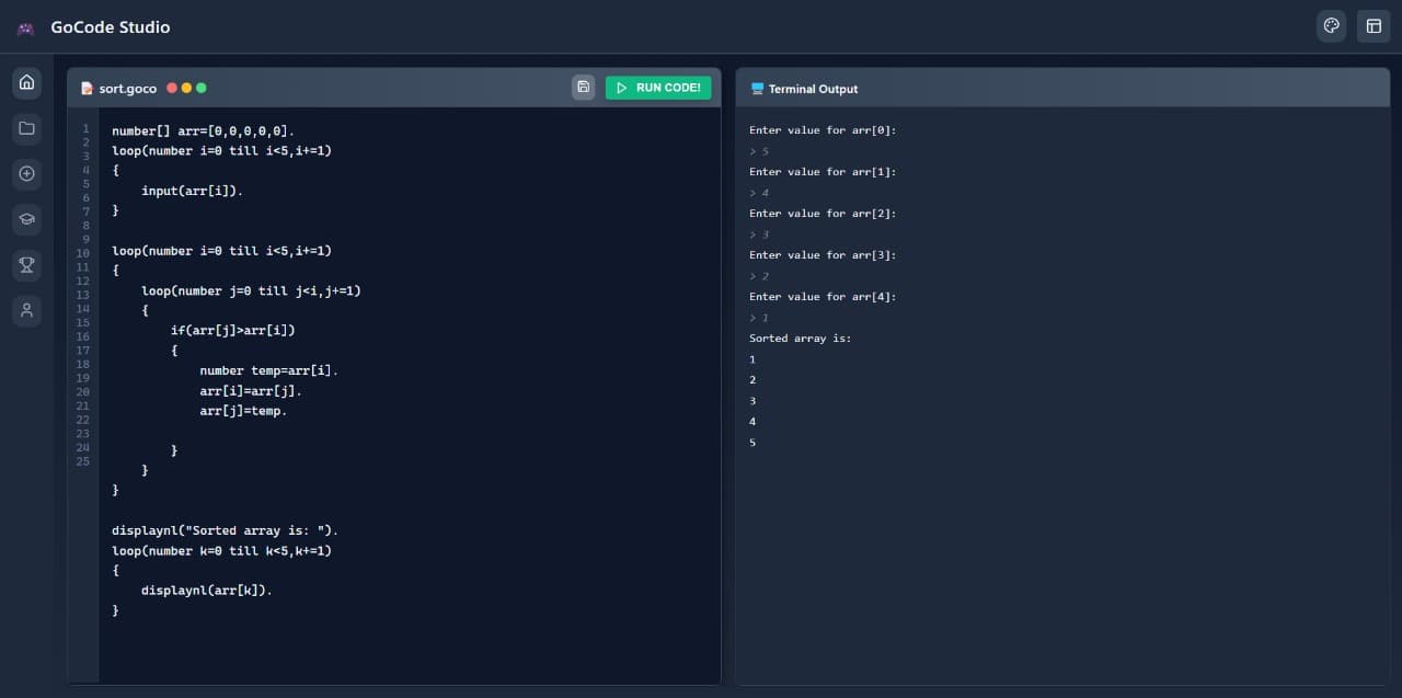 The GOCO editor running a sort program with live terminal output.